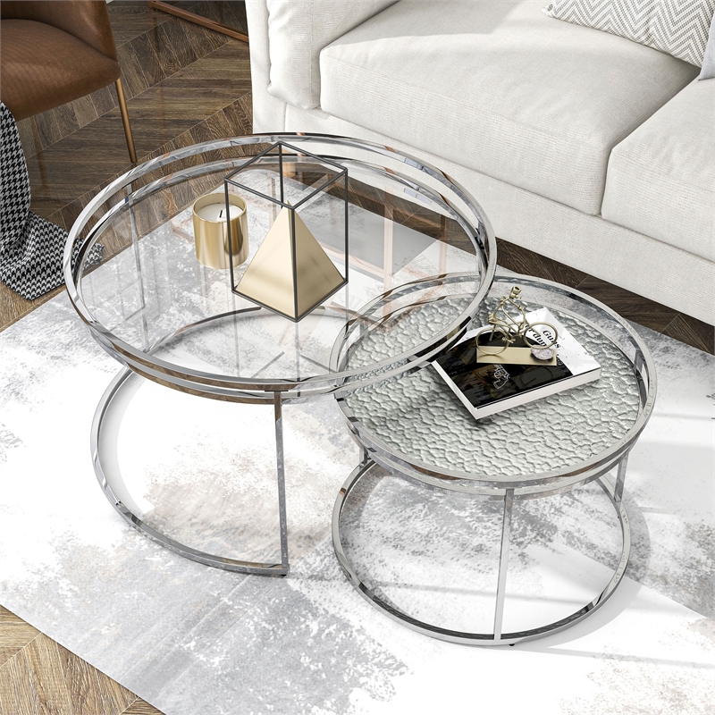 Furniture of America Vroma Metal Glass Top 2-Piece Nesting Tables Set in Chrome