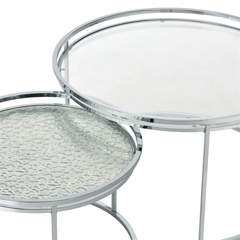 Furniture of America Vroma Metal Glass Top 2-Piece Nesting Tables Set in Chrome