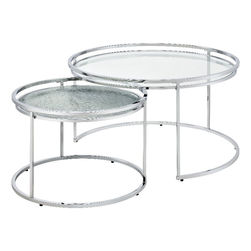Furniture of America Vroma Metal Glass Top 2-Piece Nesting Tables Set in Chrome