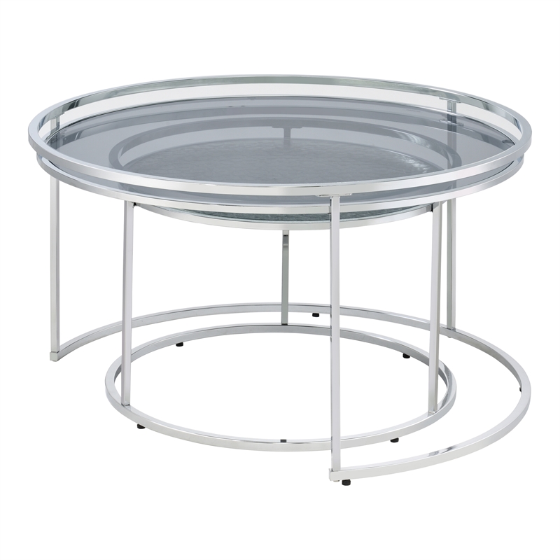 Furniture of America Vroma Metal Glass Top 2-Piece Nesting Tables Set in Gray