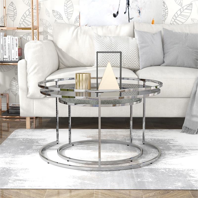 Furniture of America Vroma Metal Glass Top 2-Piece Nesting Tables Set in Gray