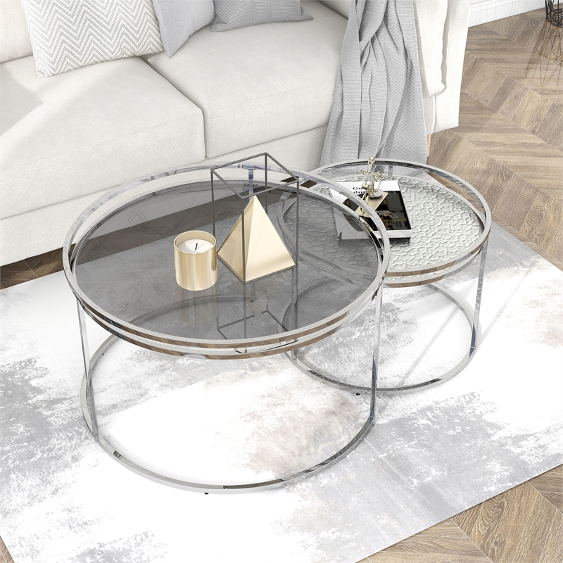 Furniture of America Vroma Metal Glass Top 2-Piece Nesting Tables Set in Gray
