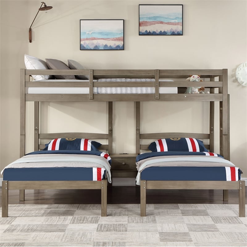 Furniture of America Calst Wood Triple Twin Bed with Drawer and USBs in Gray