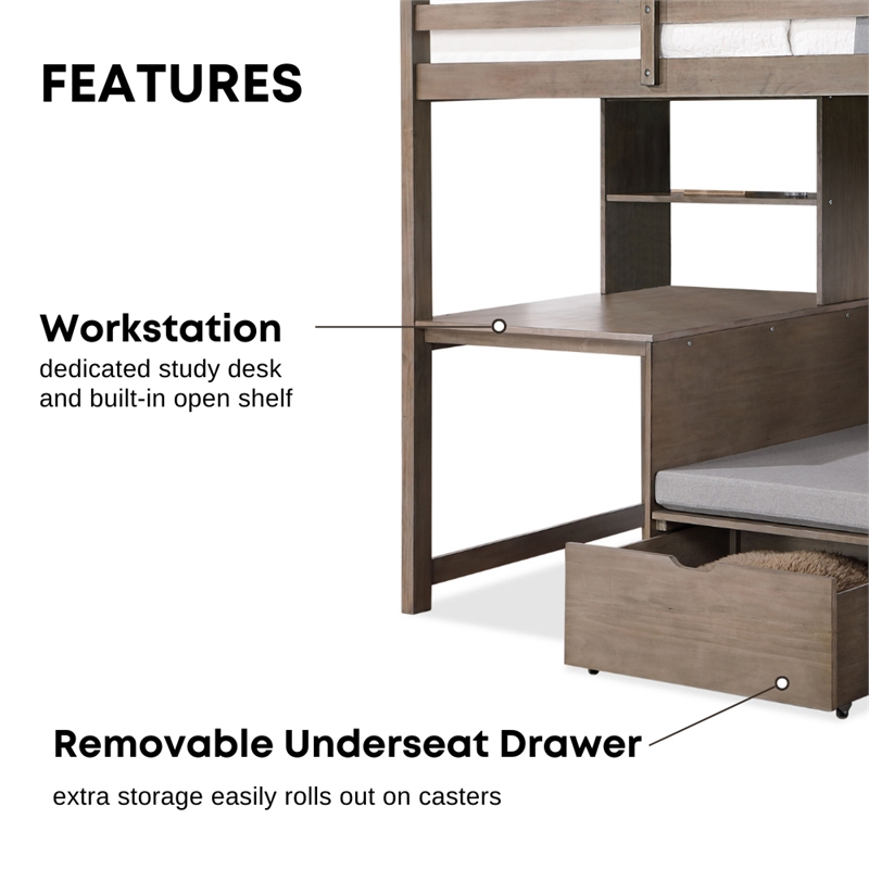 Furniture of America Banty Wood Twin Over Workstation Loft Bed in Gray