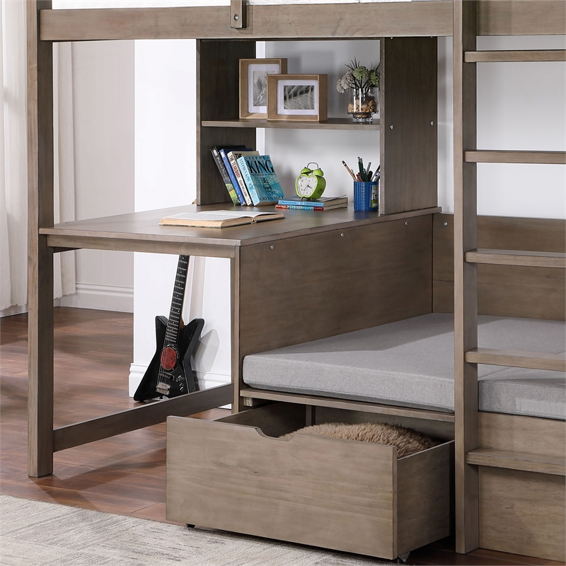 Furniture of America Banty Wood Twin Over Workstation Loft Bed in Gray