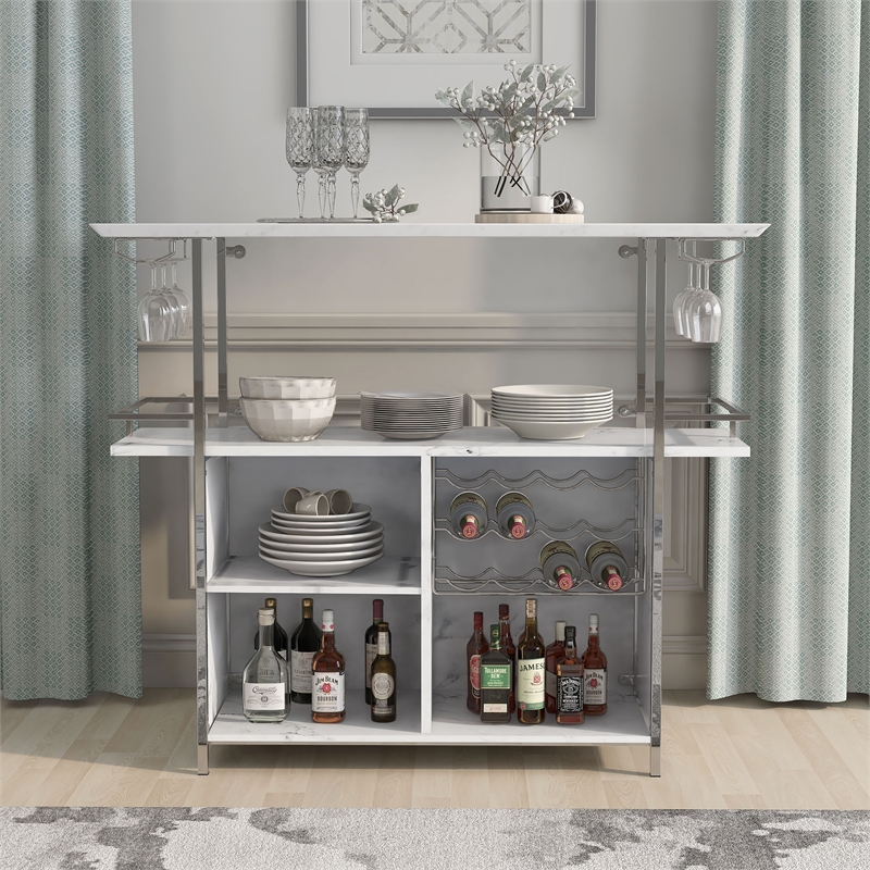 Furniture of America Taly Faux Marble Wood Multi-Storage Bar Table in White