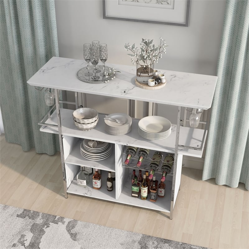 Furniture of America Taly Faux Marble Wood Multi-Storage Bar Table in White