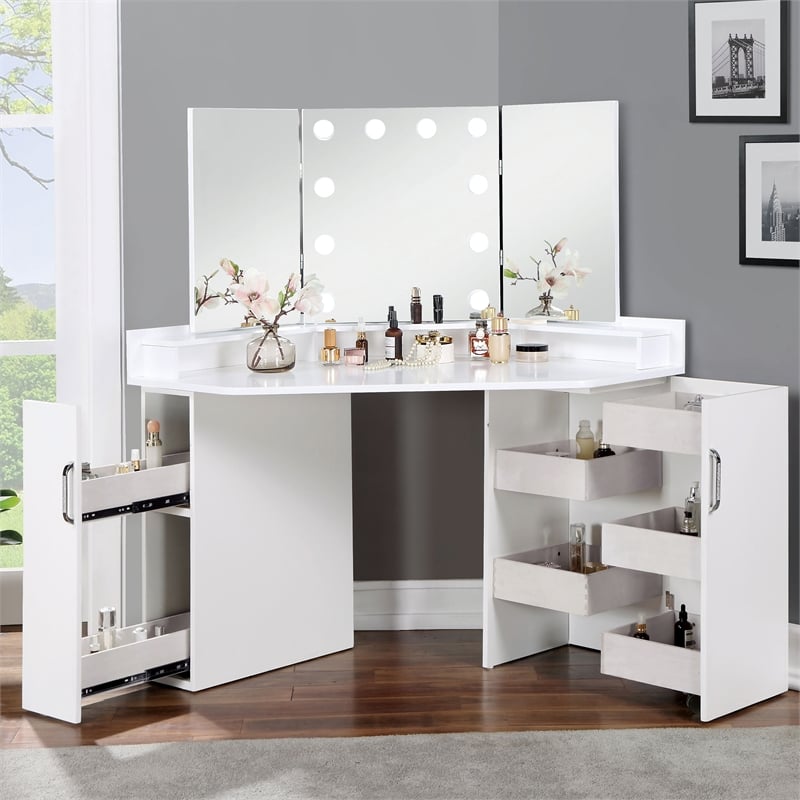 Furniture of America Denv Wood Bulb 2-Piece Vanity Table and Mirror Set in White