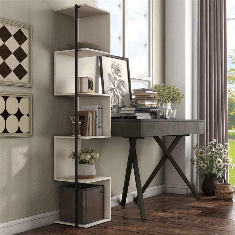 Furniture of America Cirion Modern Wood 5-Shelf Corner Bookcase in Cream Weave