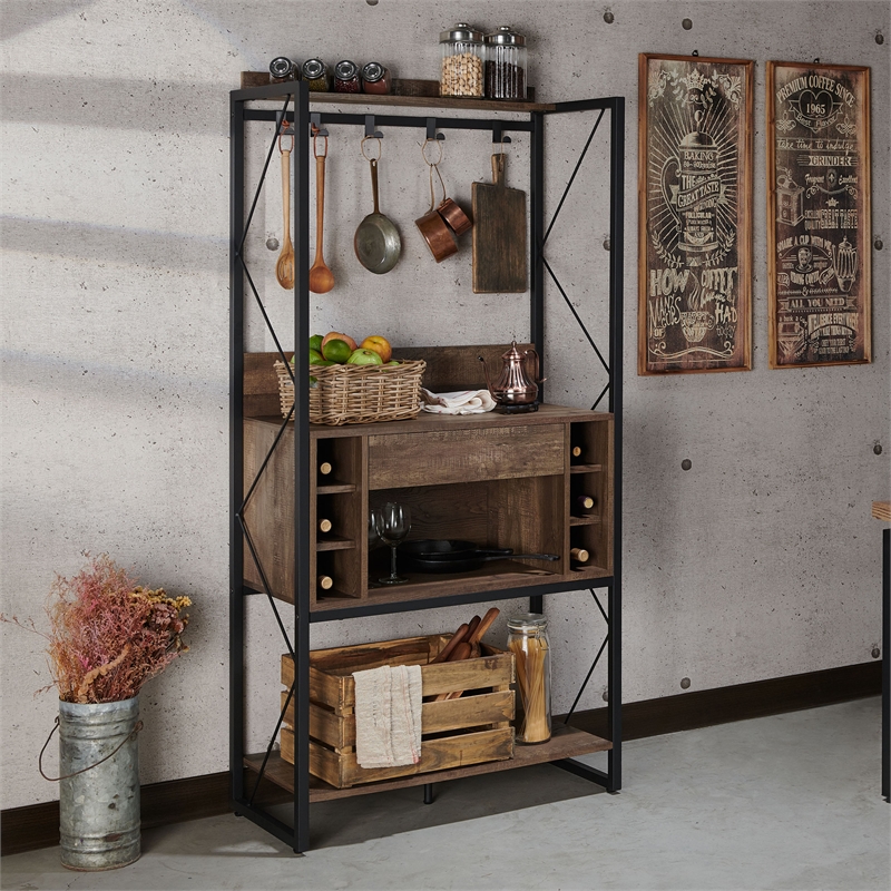 Furniture of America Viven Wood Multi-Storage Baker's Rack in Oak