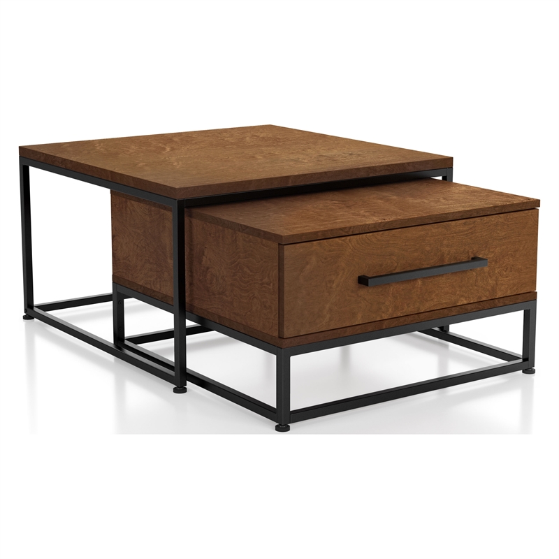 Furniture of America Noote Wood 2-Piece Nesting Tables Set with Drawer in Brown