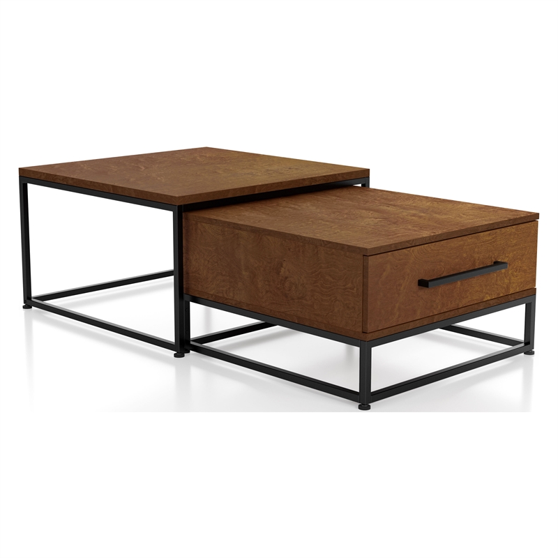 Furniture of America Noote Wood 2-Piece Nesting Tables Set with Drawer in Brown