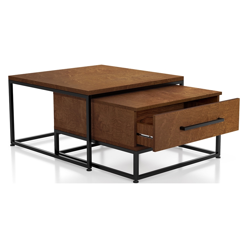 Furniture of America Noote Wood 2-Piece Nesting Tables Set with Drawer in Brown