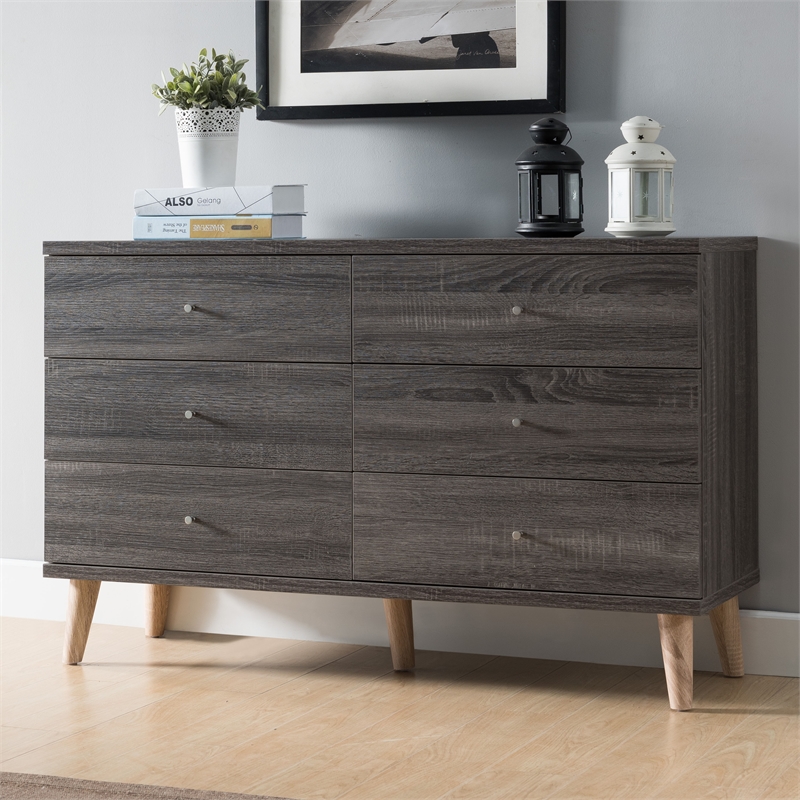 Furniture of America Pives Mid-Century Modern Wood 6-Drawer Dresser in Dark Gray