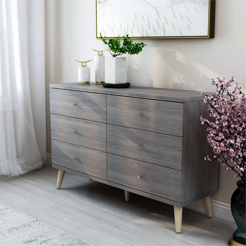 Furniture of America Pives Mid-Century Modern Wood 6-Drawer Dresser in Dark Gray