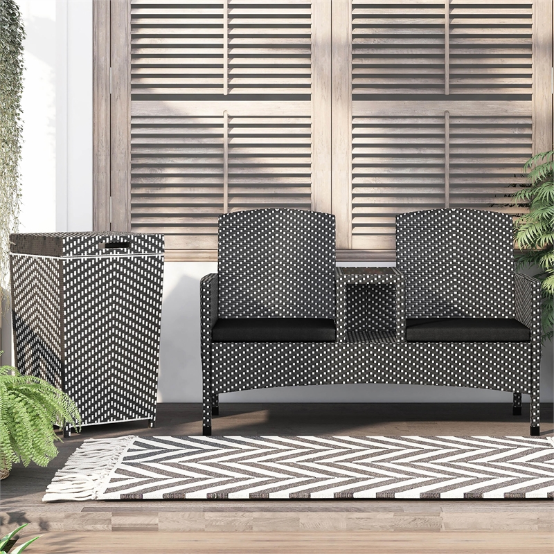 Furniture of America Azur Rattan 2-Piece Loveseat and Trash Can Set in Black