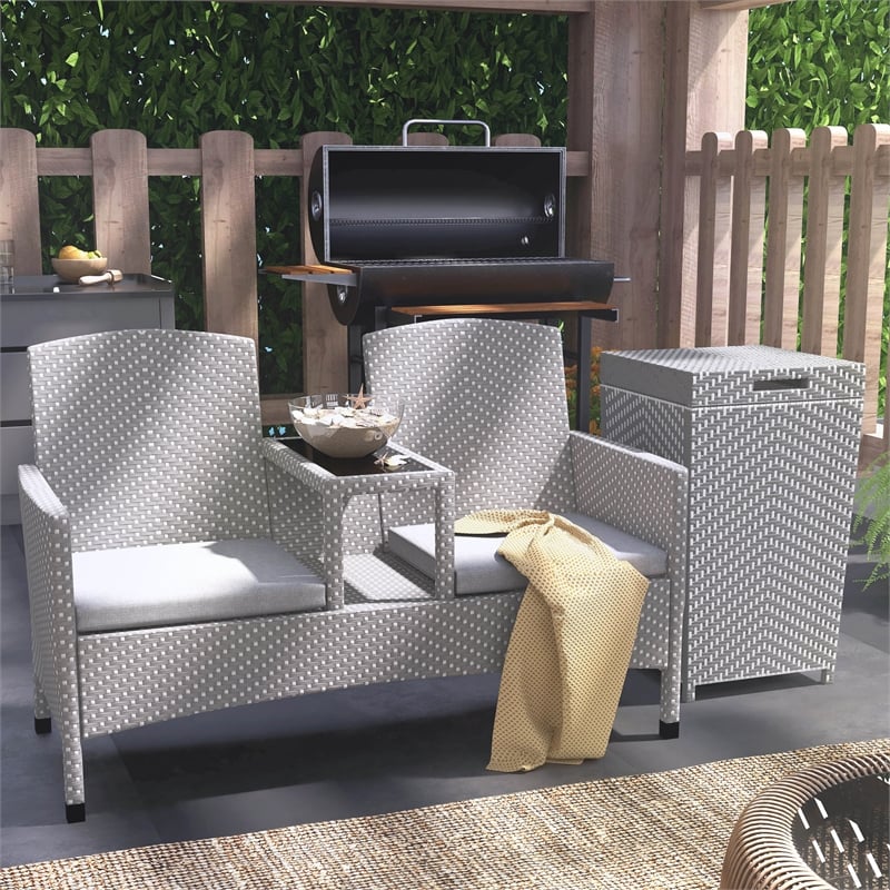 Furniture of America Azur Rattan 2-Piece Loveseat and Trash Can Set in Gray
