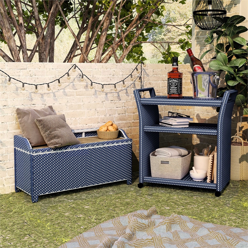 Furniture of America Azur Rattan 2pc Storage Bench and Serving Cart Set in Navy