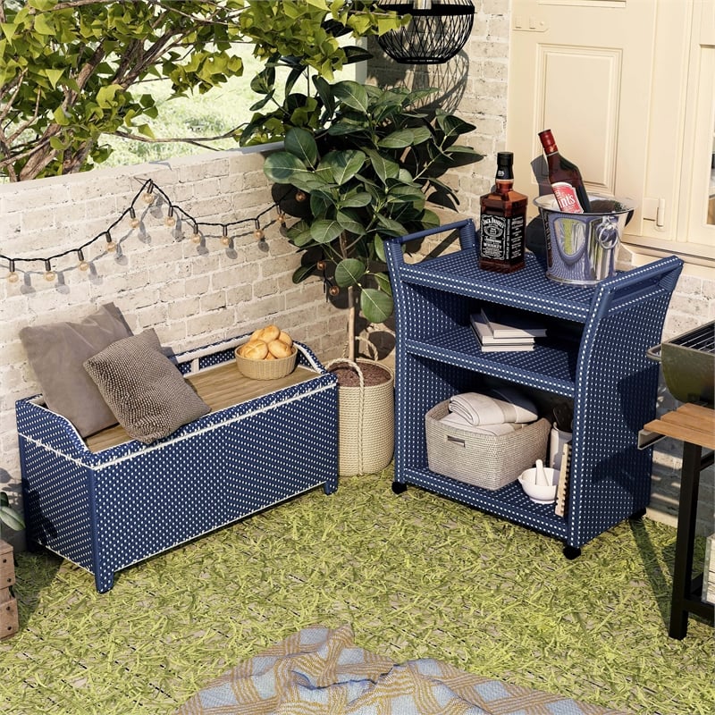Furniture of America Azur Rattan 2pc Storage Bench and Serving Cart Set in Navy