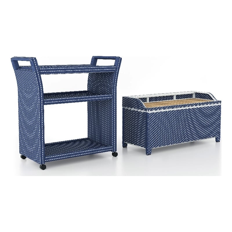 Furniture of America Azur Rattan 2pc Storage Bench and Serving Cart Set in Navy