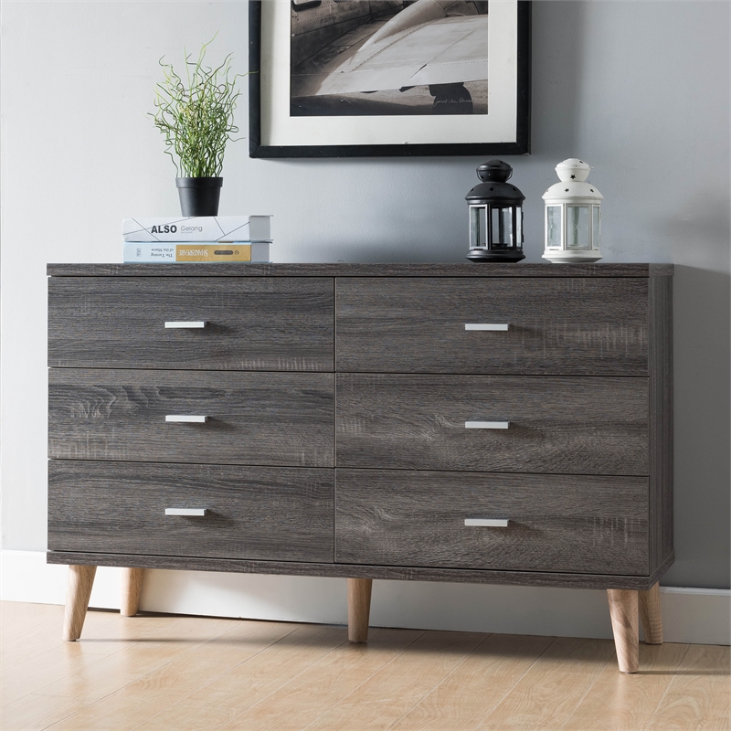 Furniture of America Pives Mid-Century Modern Wood 6-Drawer Dresser in Dark Gray