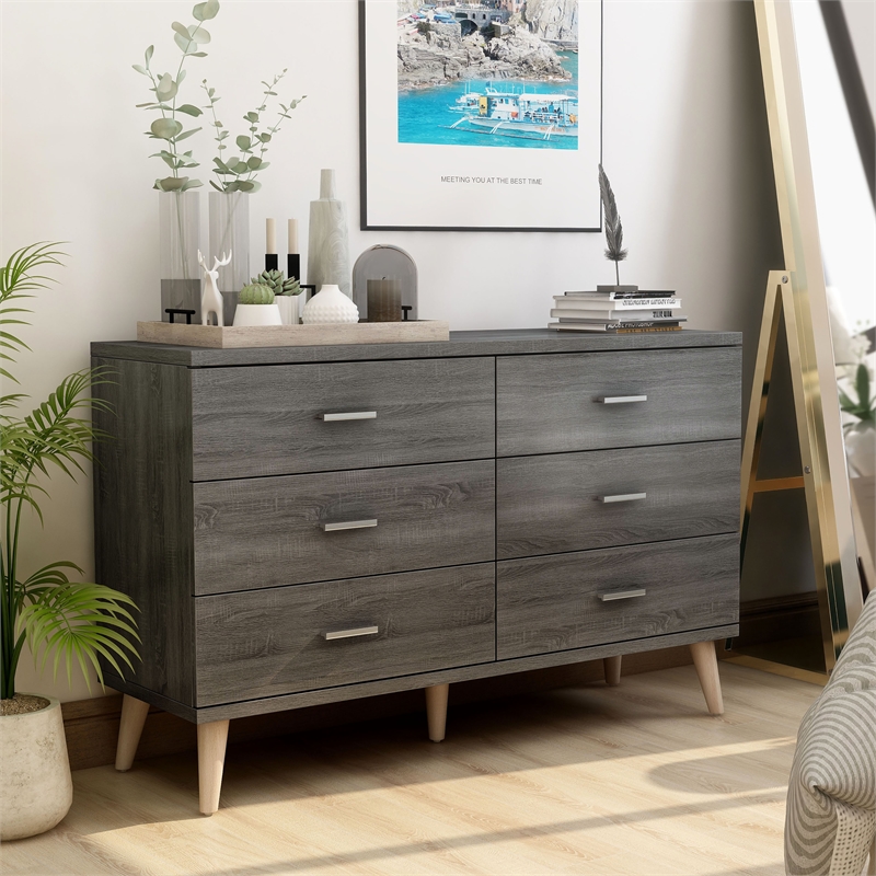 Furniture of America Pives Mid-Century Modern Wood 6-Drawer Dresser in Dark Gray
