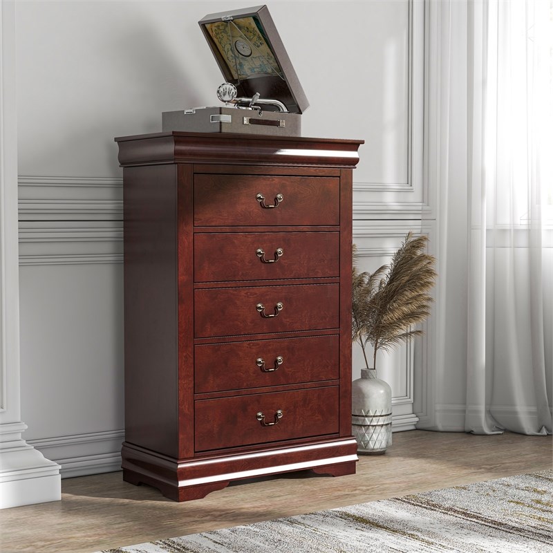 Furniture of America Toni Transitional Solid Wood 5-Drawer Chest in Cherry
