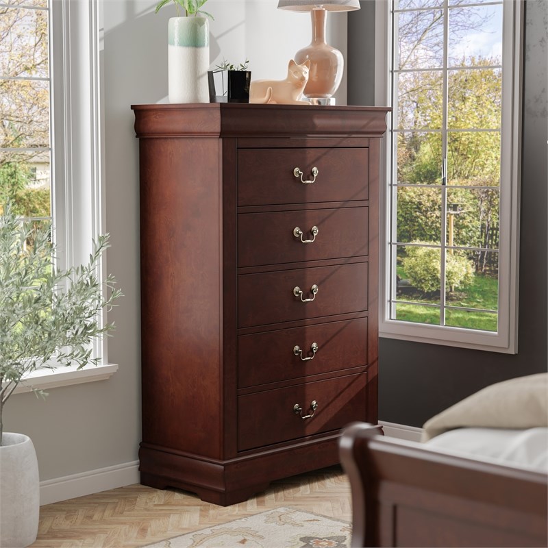 Furniture of America Toni Transitional Solid Wood 5-Drawer Chest in Cherry