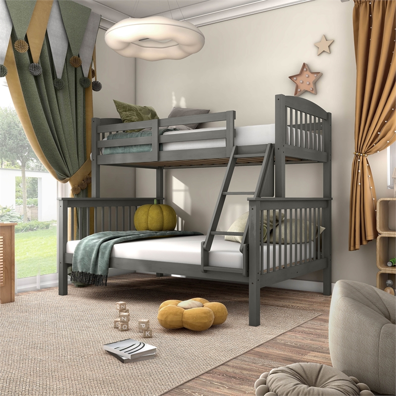 Furniture of America Tales Wood Twin over Full Bunk Bed with Ladder in Gray