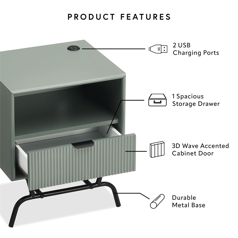 Furniture of America Gleb Wood Storage End Table with USB Port in Sage Green