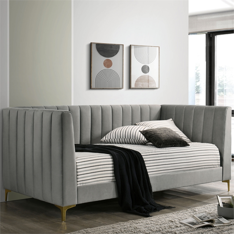 Furniture of America Mais Metal and Fabric Tufted Daybed in Light Gray