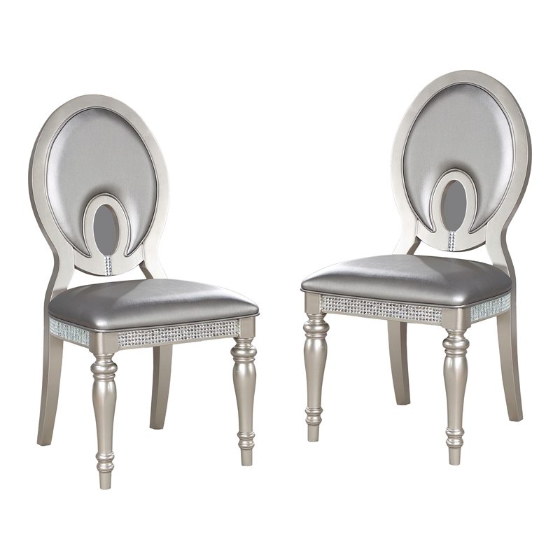 Furniture of America Arena Solid Wood Oval Back Side Chairs in Silver (Set of 2)