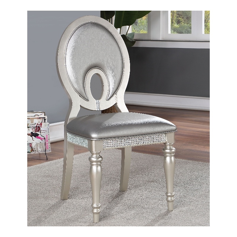 Furniture of America Arena Solid Wood Oval Back Side Chairs in Silver (Set of 2)