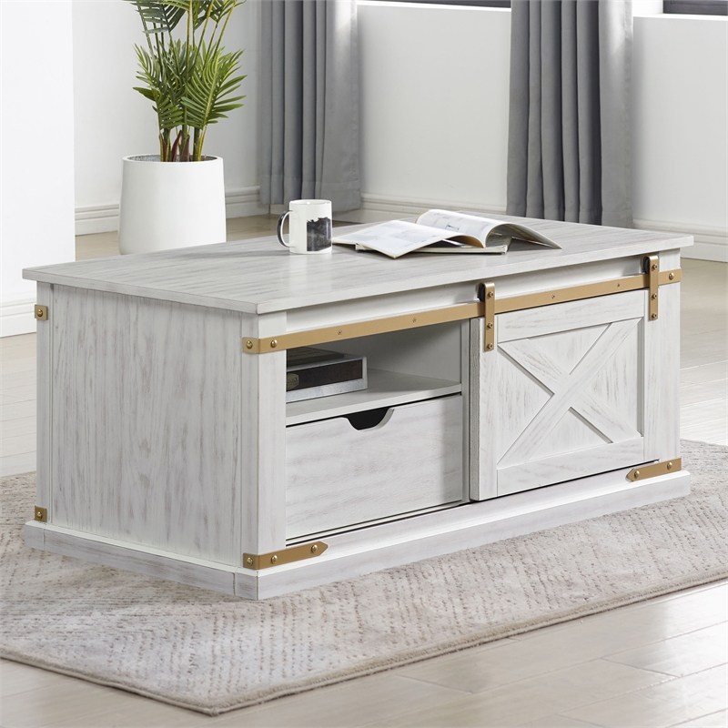 Furniture of America Nici Solid Wood Sliding Door Coffee Table in White