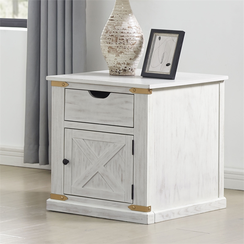 Furniture of America Nici Solid Wood Storage End Table with Door in White