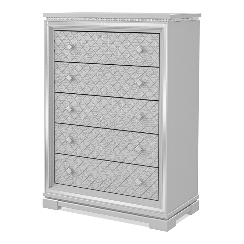 FOA Chid 5-Drawer Solid Wood Silver Chest with Ball-bearing Glides