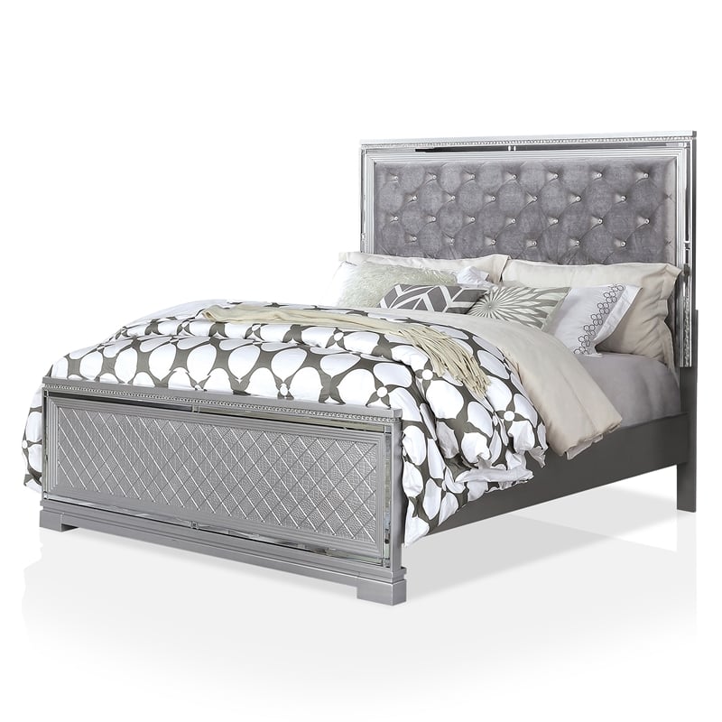 Furniture of America Chid Button Tufted Solid Wood Eastern King Bed in Silver