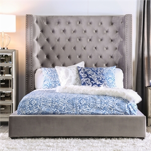 Furniture of America Qualy Wingback Tufted Fabric Queen Bed in Gray