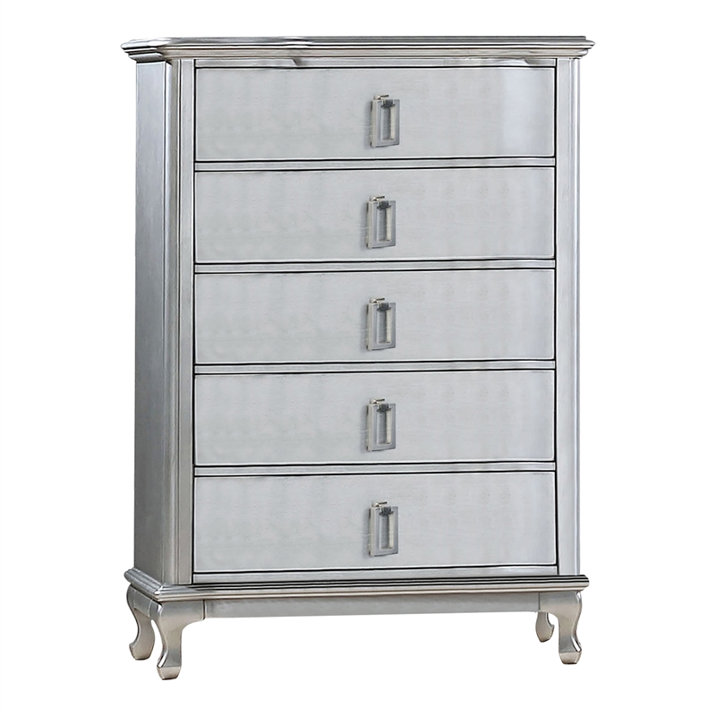 Furniture of America Pappa 5-Drawer Solid Wood Chest in Silver