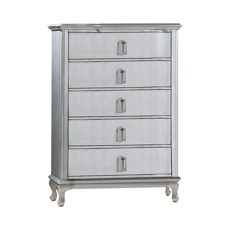 Furniture of America Pappa 5-Drawer Solid Wood Chest in Silver