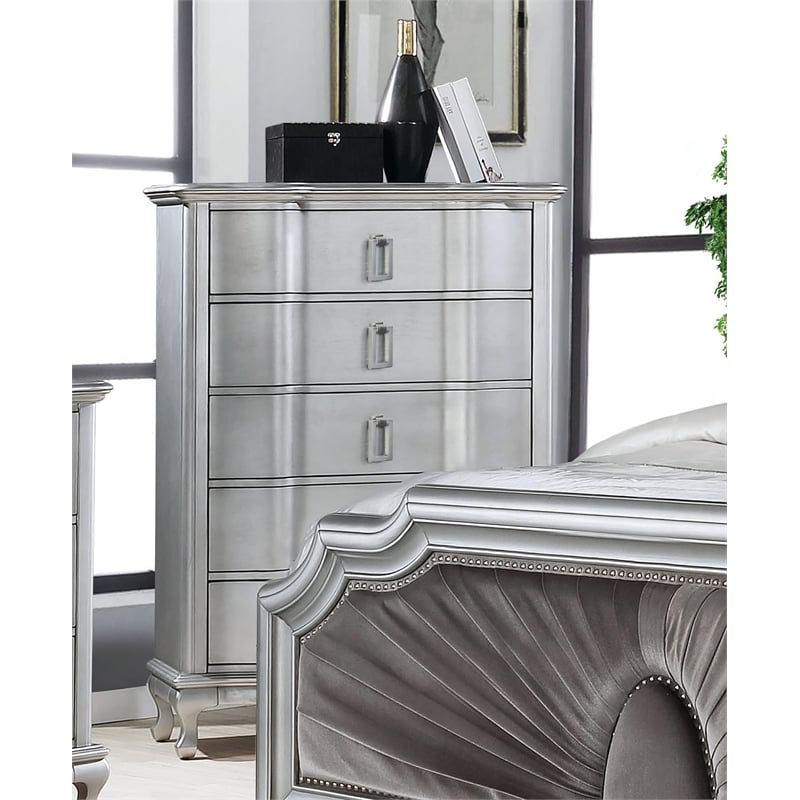 Furniture of America Pappa 5-Drawer Solid Wood Chest in Silver