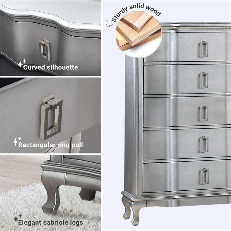 Furniture of America Pappa 5-Drawer Solid Wood Chest in Silver