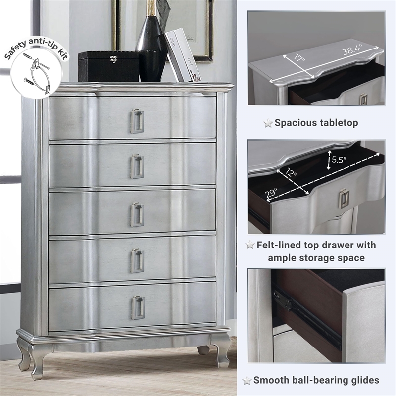 Furniture of America Pappa 5-Drawer Solid Wood Chest in Silver