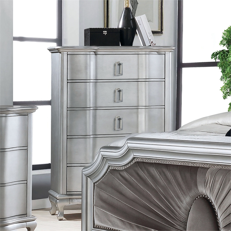 Furniture of America Pappa 5-Drawer Solid Wood Chest in Silver