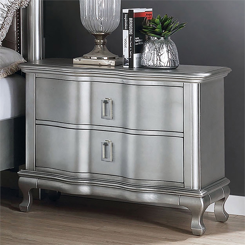 Furniture of America Pappa 2-Drawer Solid Wood Nightstand in Silver