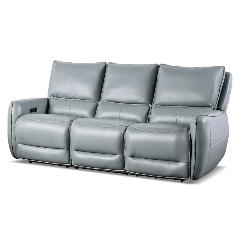 Furniture of America Vesh Leather Power Reclining Sofa with USB in Pale Blue