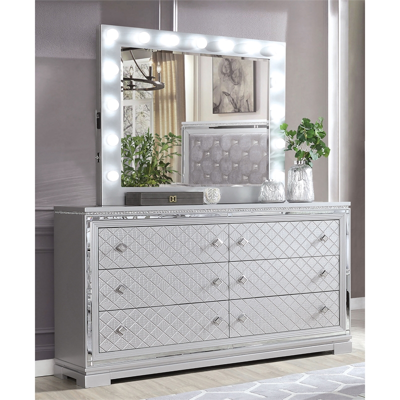 FOA Chid 5pc Silver Wood Bed Set - Queen + 2 Nightstands + Dresser + Mirror