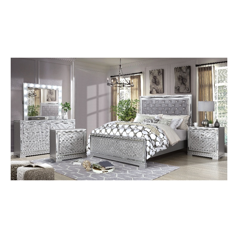 FOA Chid 5pc Silver Wood Bed Set - Queen + 2 Nightstands + Dresser + Mirror