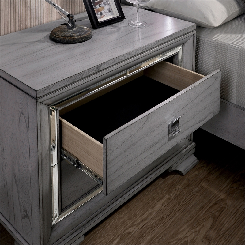 FOA Hariston 2pc Light Gray Solid Wood Bedroom Set - Cal King + Nightstand