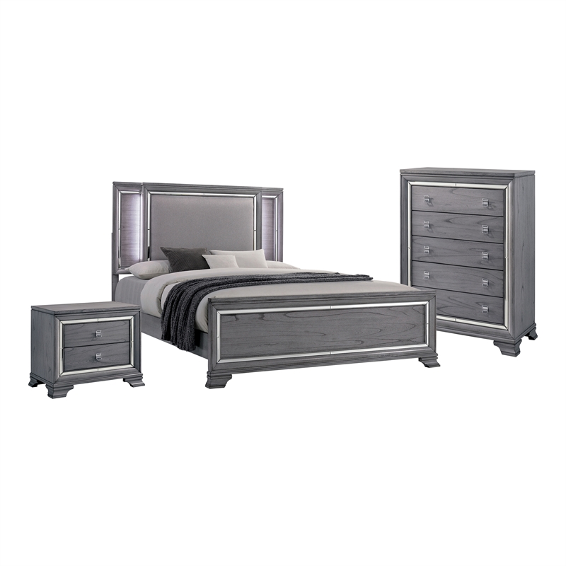 FOA Hariston 3pc Light Gray Solid Wood Bed Set - Cal King + Nightstand + Chest
